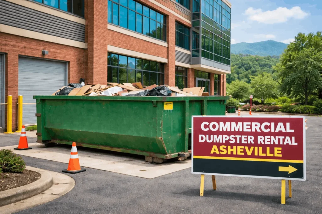 Commercial roll off dumpster outside a business property in Asheville