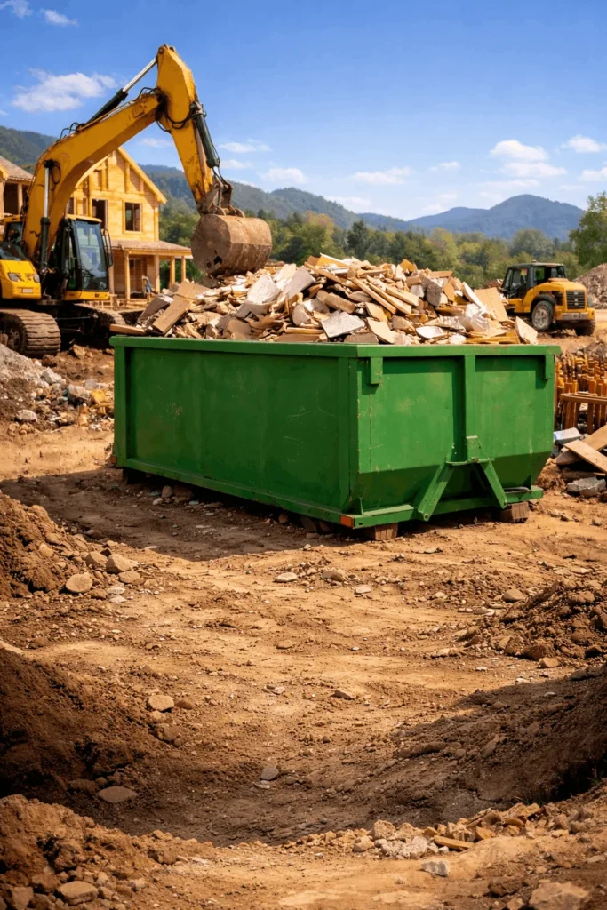 Roll off dumpster at an active construction site in Asheville
