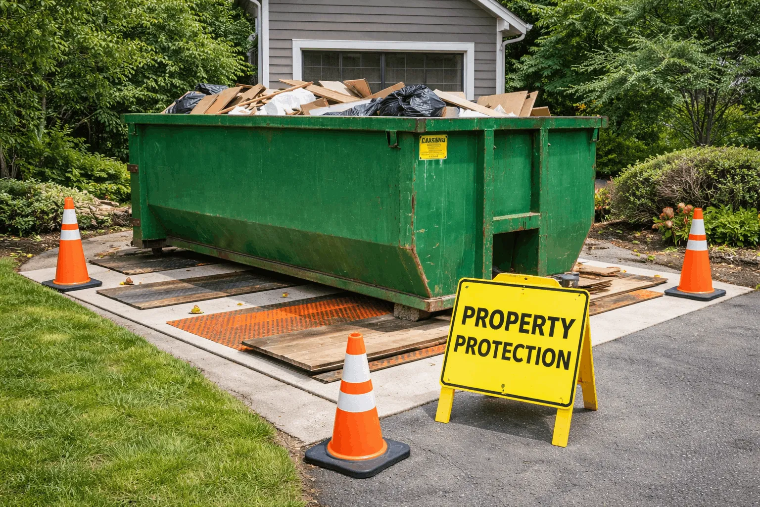 Roll off dumpster placed on protective boards to prevent driveway damage in Asheville
