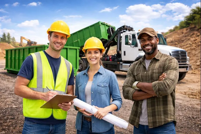 Friendly dumpster rental team standing