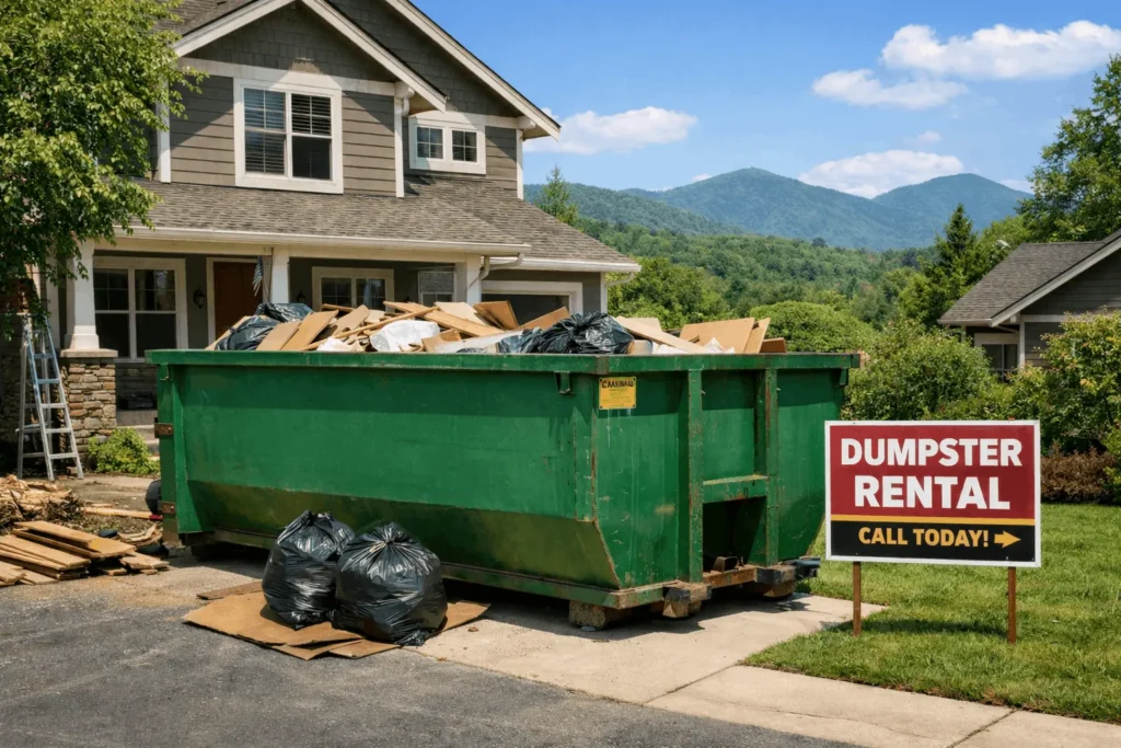 Residential roll off dumpster in a driveway during a home cleanout in Asheville