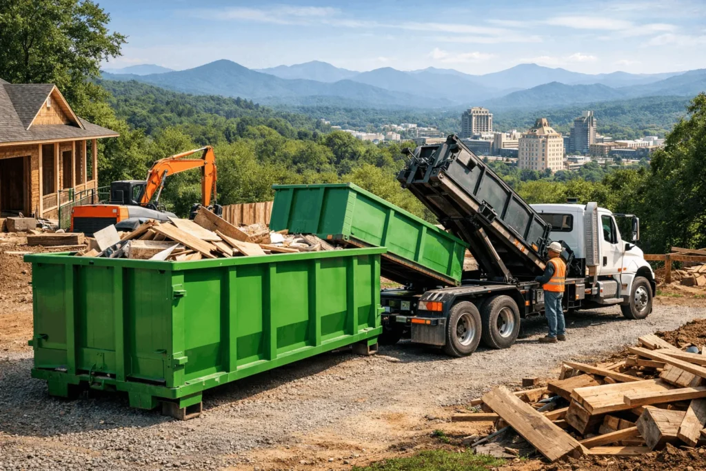 Roll off dumpster rental placed safely on a residential driveway in Asheville