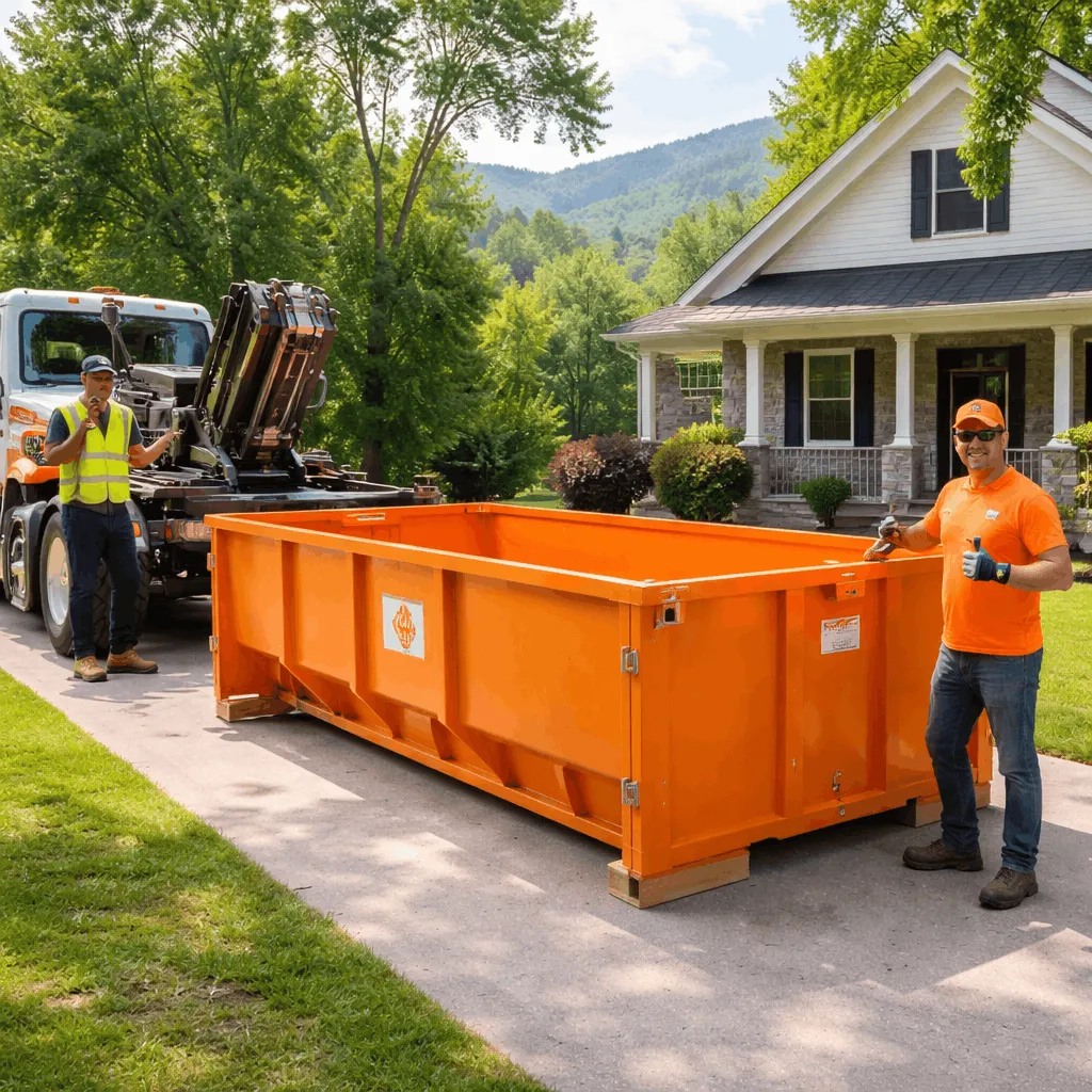 Local roll off dumpster delivery truck servicing Asheville neighborhoods