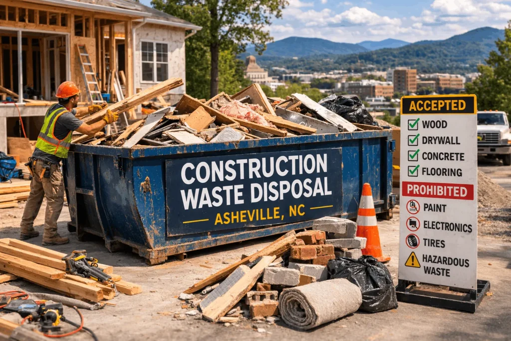 Construction waste disposal in Asheville NC with roll-off dumpster on renovation job site showing wood, drywall, and demolition debris