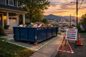 Roll-off dumpster placed in a residential driveway with safety cones near the street in Asheville, North Carolina, illustrating residential dumpster rental placement and street permit requirements.