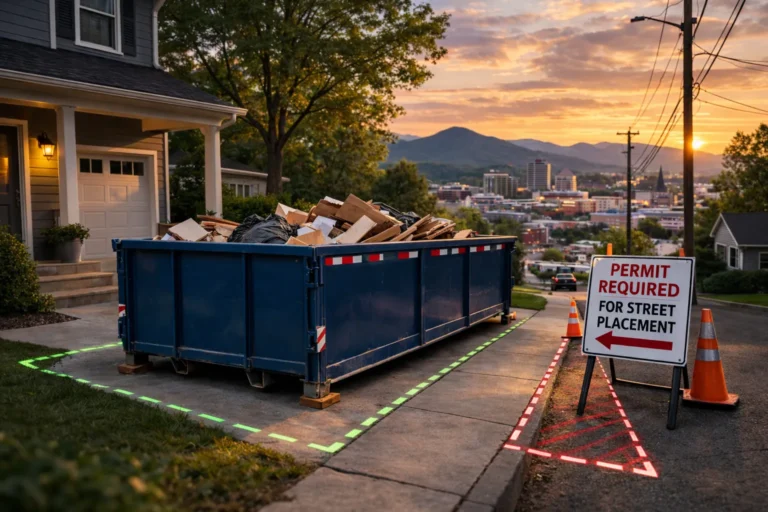 Roll-off dumpster placed in a residential driveway with safety cones near the street in Asheville, North Carolina, illustrating residential dumpster rental placement and street permit requirements.