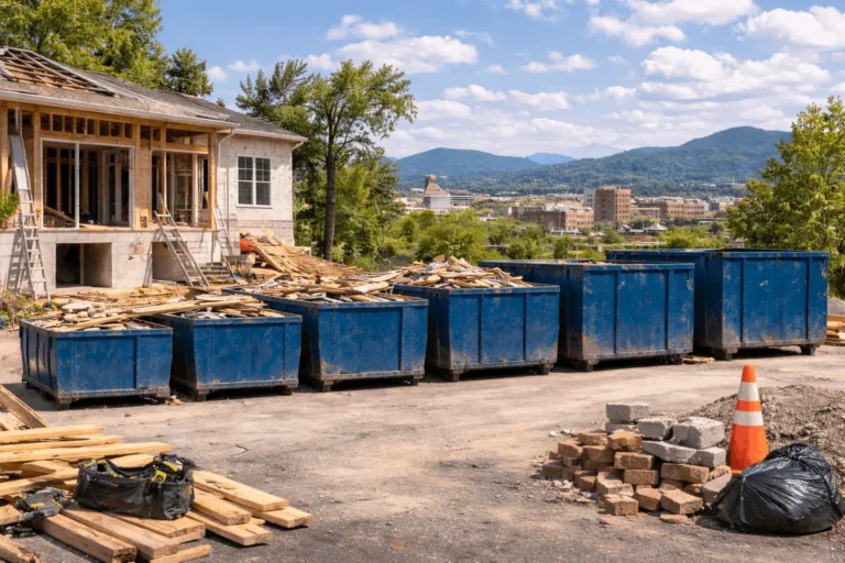 Multiple roll-off dumpsters of different sizes placed at a residential construction site in Asheville, NC used for renovation and construction debris disposal.