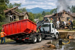 Emergency dumpster delivery truck placing roll off dumpster at a storm damaged home cleanup site in Asheville North Carolina