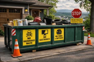 Dumpster rental in Asheville NC showing prohibited items like paint cans, electronics, tires, and propane tanks that cannot be disposed of in a roll-off dumpster