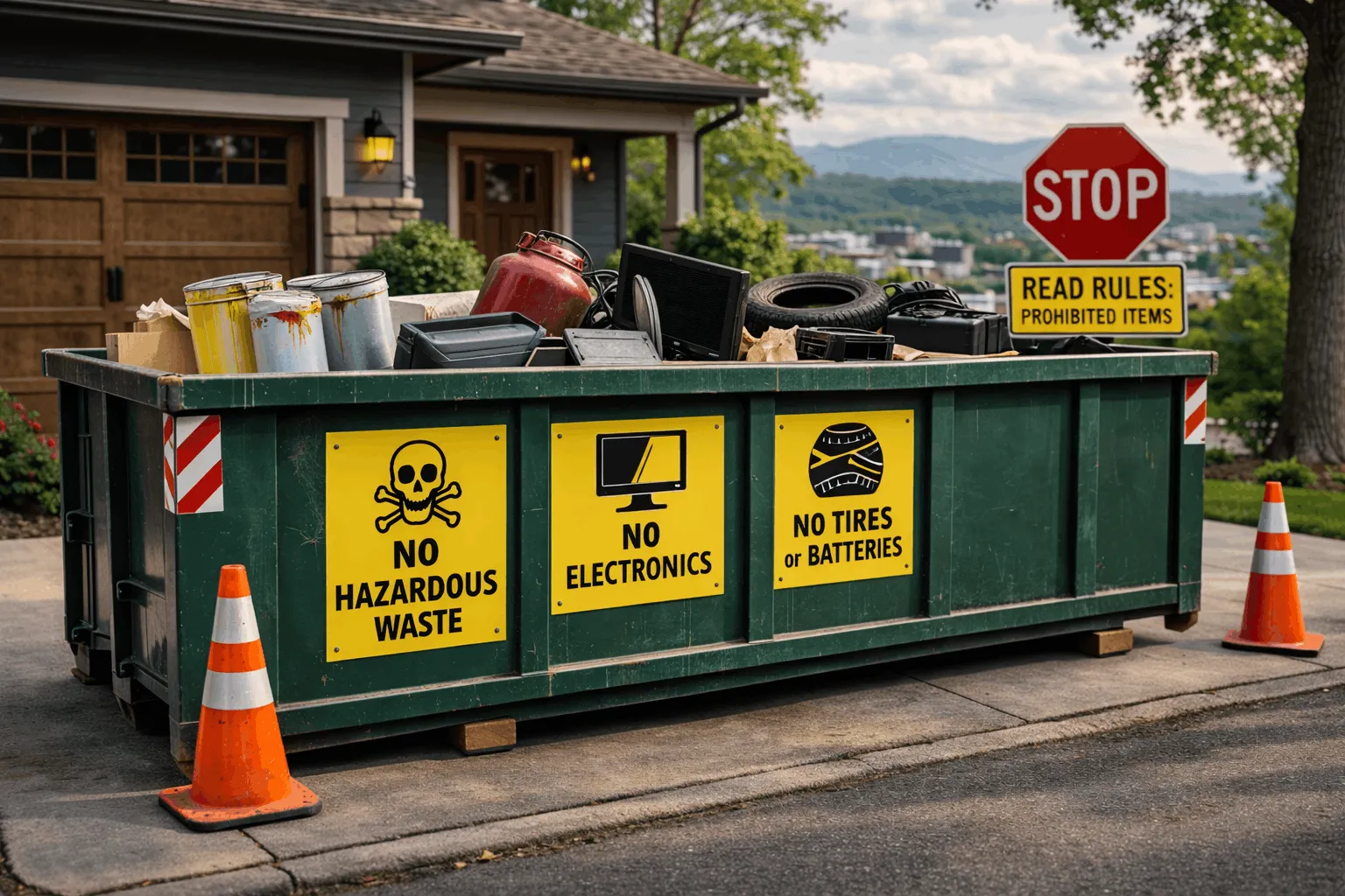 Dumpster rental in Asheville NC showing prohibited items like paint cans, electronics, tires, and propane tanks that cannot be disposed of in a roll-off dumpster